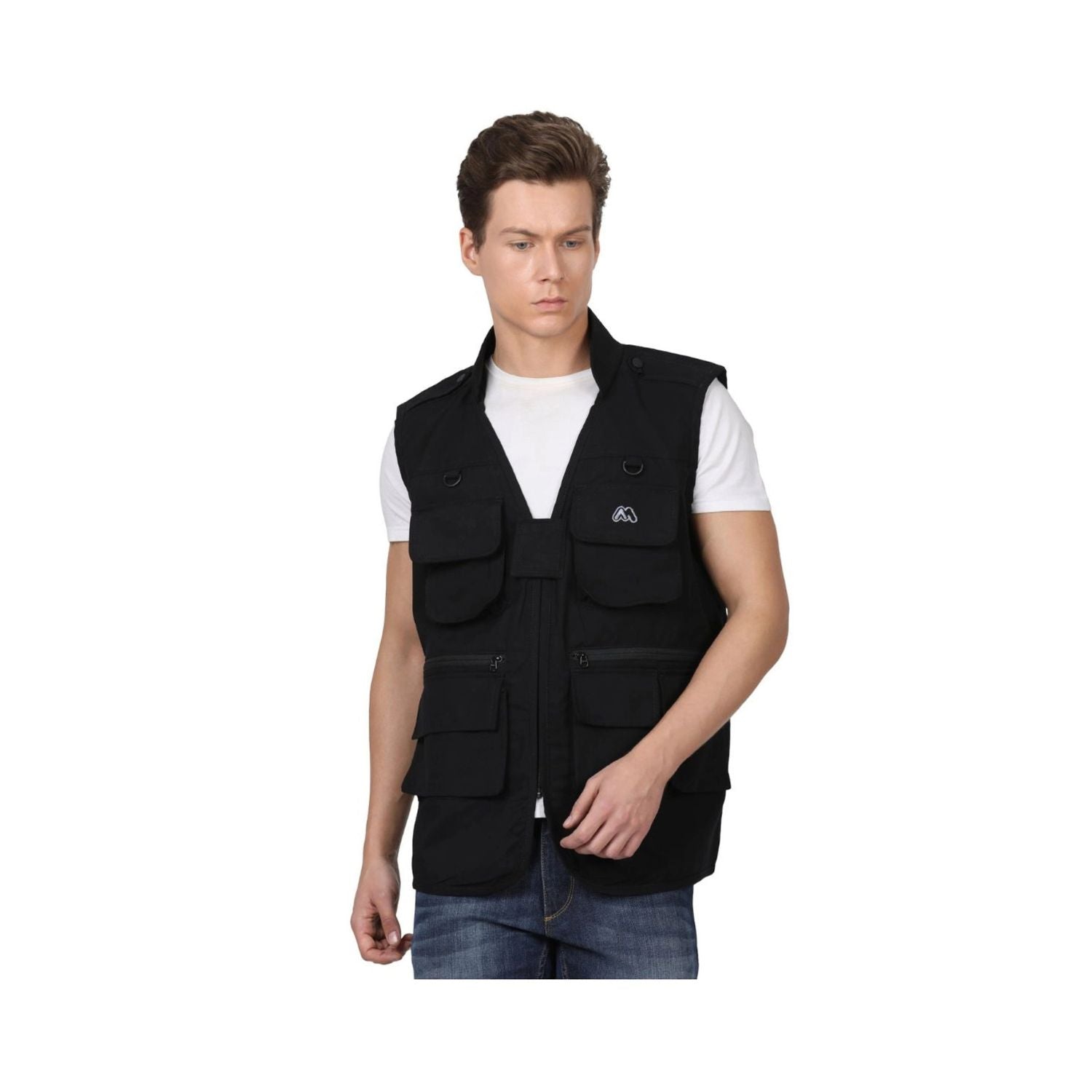 Black photographerโs security jacket, utility pockets, zip front